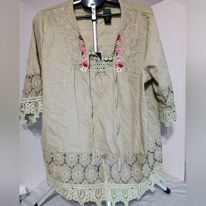 Elegant Lace Trim Blouse in Olive Boho Whimsical